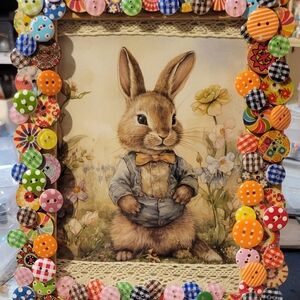 ​Handmade 5x7 Rabbit Art - Whimsical Rainbow Button Frame & Lace - Cottage
